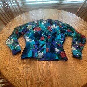 Vintage Francesca of Damon Silk Sequin Semi Sheer Blouse Size 10 Blue Black